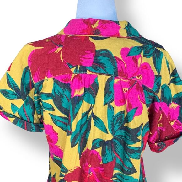 For Cynthia Button Up Shirt Linen Blend Hawaiian  Floral Print Yellow Red Petite - Picture 4 of 9